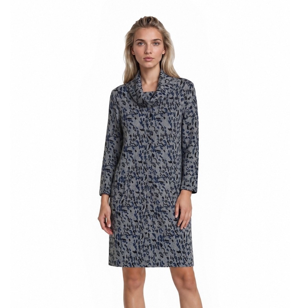 Tyler Boe Knit Dress Women's Size Small Gray‎ Navy Animal Leopard Cowl Neck